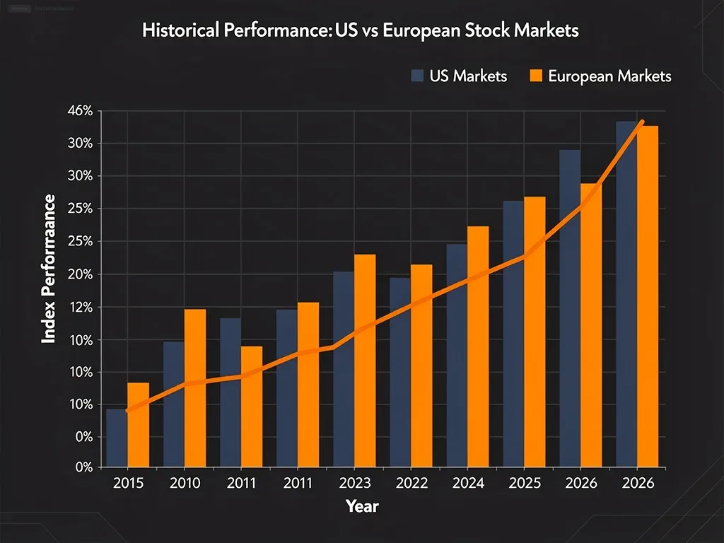 Chart comparing US and European stock market performance trends.