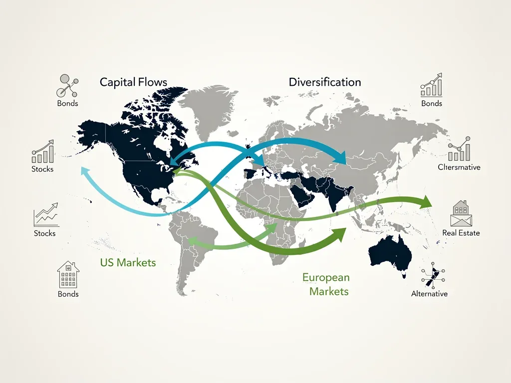 World map illustrating capital flow between US and European markets.