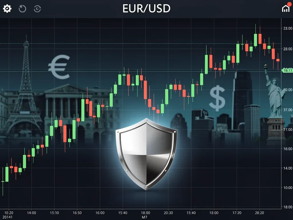 Financial chart illustrating EUR/USD currency fluctuations with a protective shield, representing hedging strategies for European dividend income.