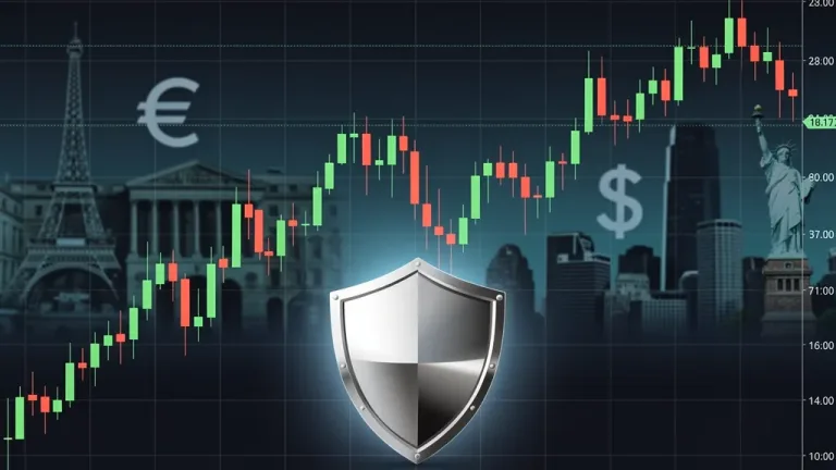 Financial chart illustrating EUR/USD currency fluctuations with a protective shield, representing hedging strategies for European dividend income.