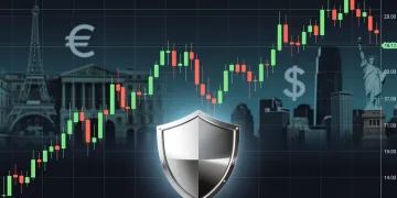 Financial chart illustrating EUR/USD currency fluctuations with a protective shield, representing hedging strategies for European dividend income.
