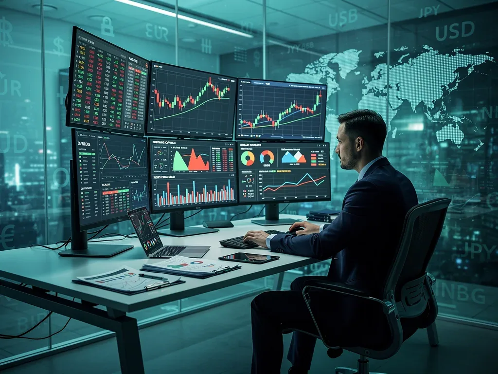 Financial professional analyzing currency charts and hedging instruments for EUR/USD exposure.