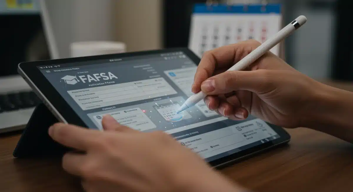 Hand filling out FAFSA application digitally on a tablet, showing online process