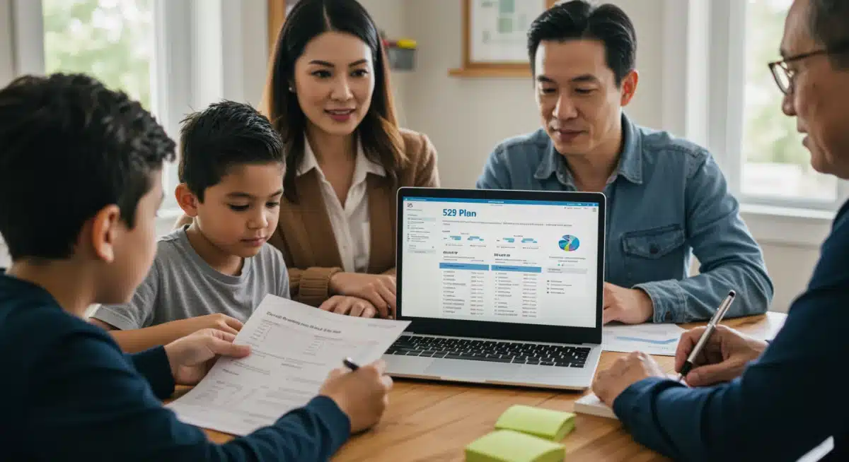 Family reviewing 529 plan documents for college savings planning