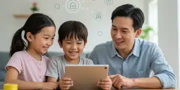 Happy family reviewing financial information on a tablet, symbolizing the benefits of the Child Tax Credit.