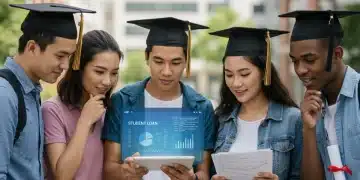 Students reviewing student loan forgiveness documents on a tablet