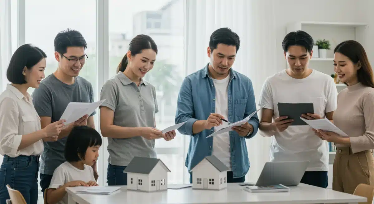 Diverse potential homebuyers discussing finances and property affordability challenges.