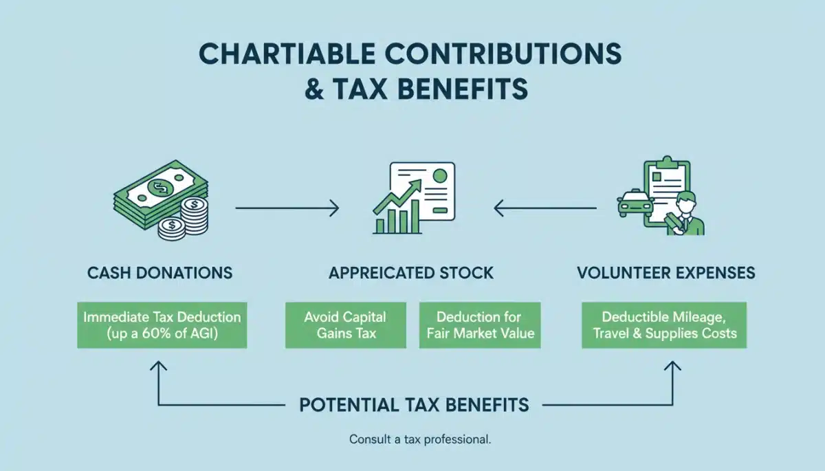 Infographic showing various charitable contribution types and tax benefits.