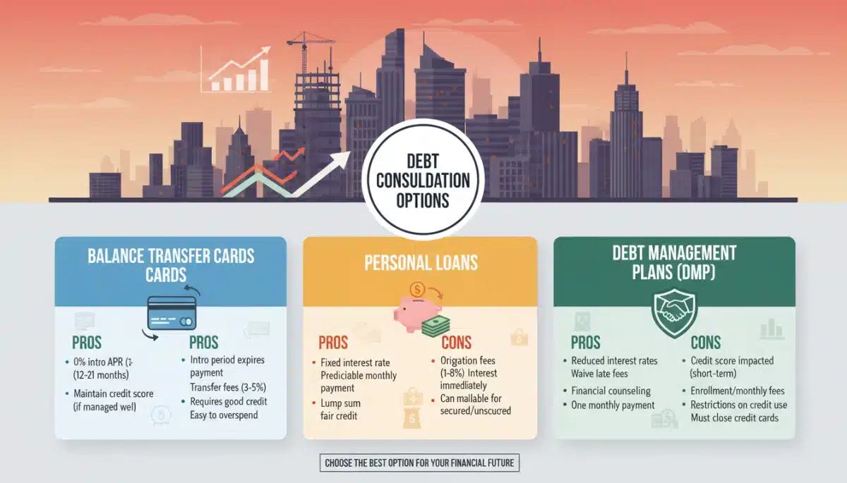 Infographic showing various debt consolidation options and their benefits for consumers.