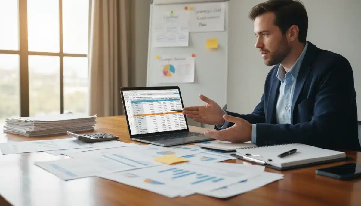 Person planning budget and reviewing financial documents for debt reduction strategy.