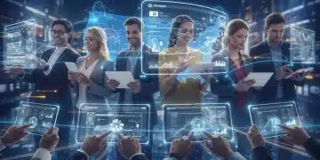 Futuristic financial interfaces displaying personal loan data and digital transactions.